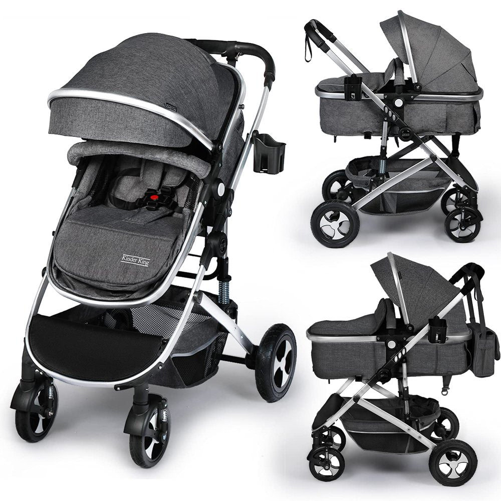 Kinder King 2 in 1 Convertible Baby Stroller, Folding Infant Newborn Reversible Bassinet Pram, Dark Grey