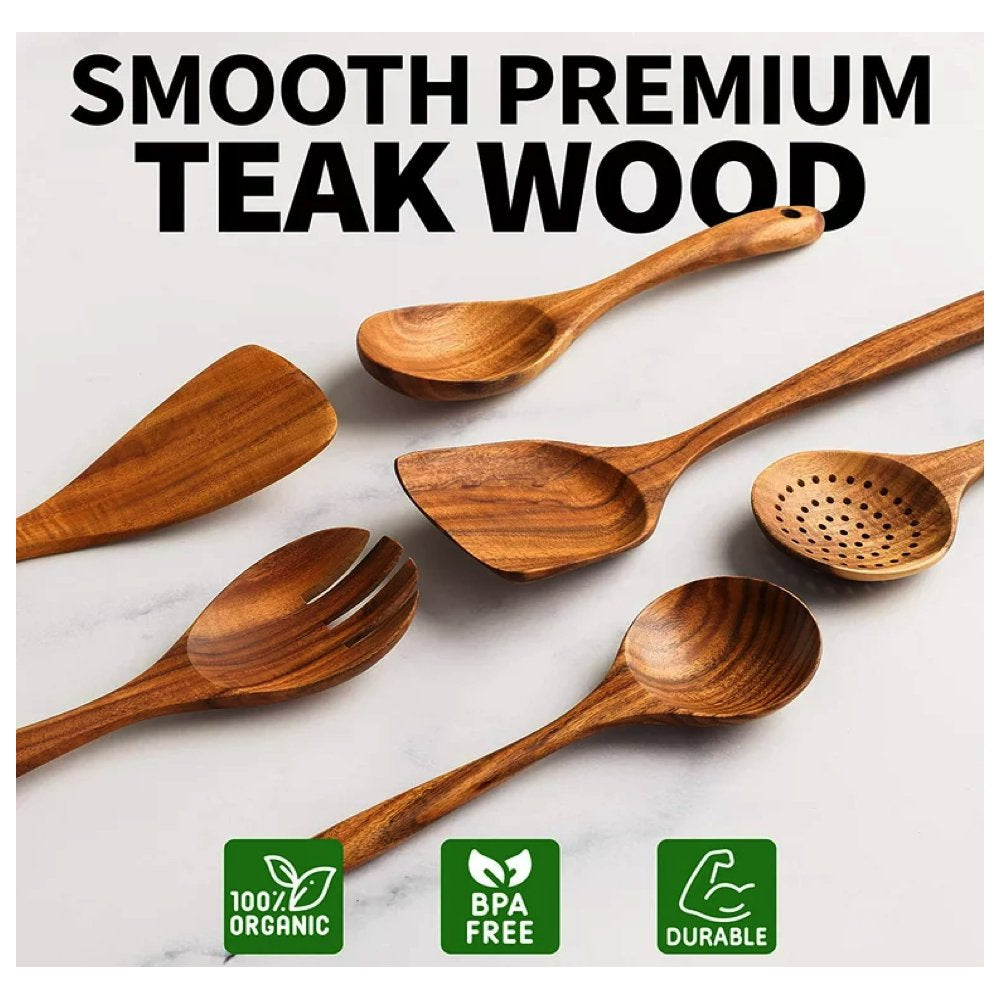 Zulay Kitchen Wooden Spoon for Cooking, Wooden Utensils for Cooking, Teak Wood Utensil Set Non Stick - 6 Piece Set