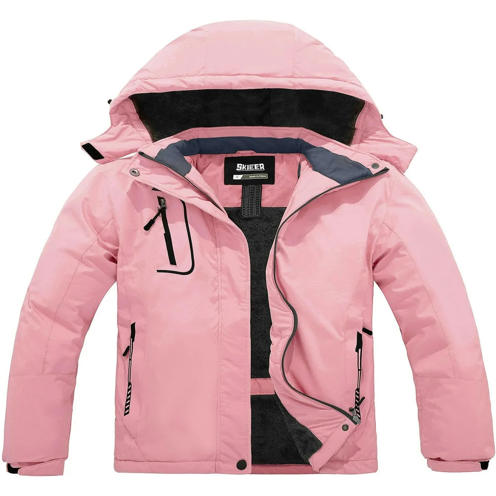 Skieer Women'S Waterproof Ski Jacket Windproof Rain Jacket Winter Warm Hooded Coat Pink X-Large