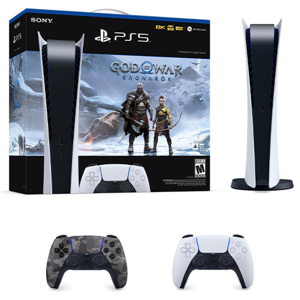 Playstation 5 Digital Edition God of War Ragnarok Bundle + Playstation 5 Dualsense Wireless Controller – Gray Camouflage