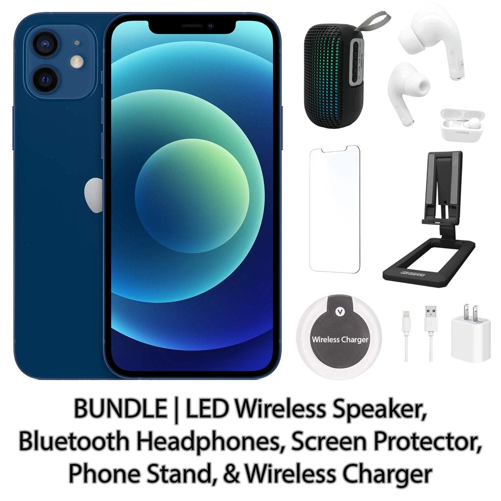 Restored Apple Iphone 12 64GB Blue Fully Unlocked with LED Wireless Speaker, Bluetooth Headphones, Screen Protector, Wireless Charger, & Phone Stand (Refurbished)