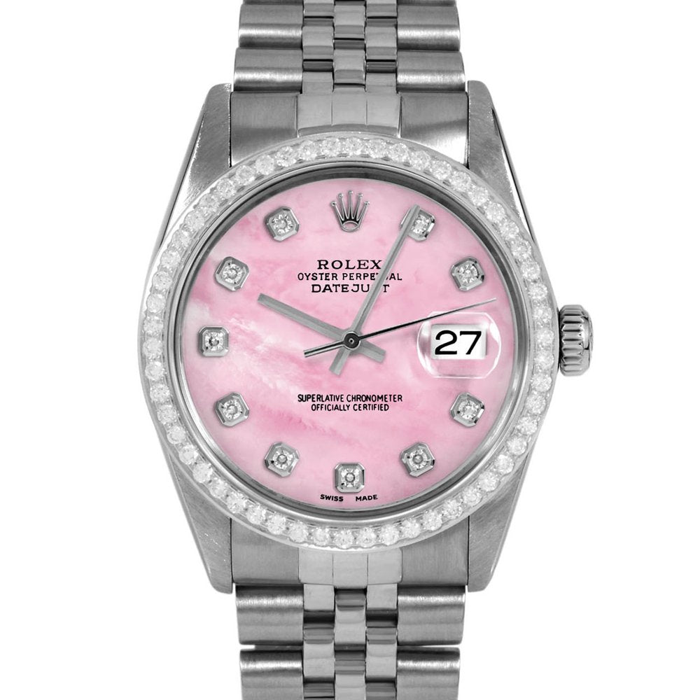 Pre-Owned Rolex 16014 Men'S 36Mm Datejust Wristwatch Pink Mother of Pearl Diamond (3 Year Warranty)