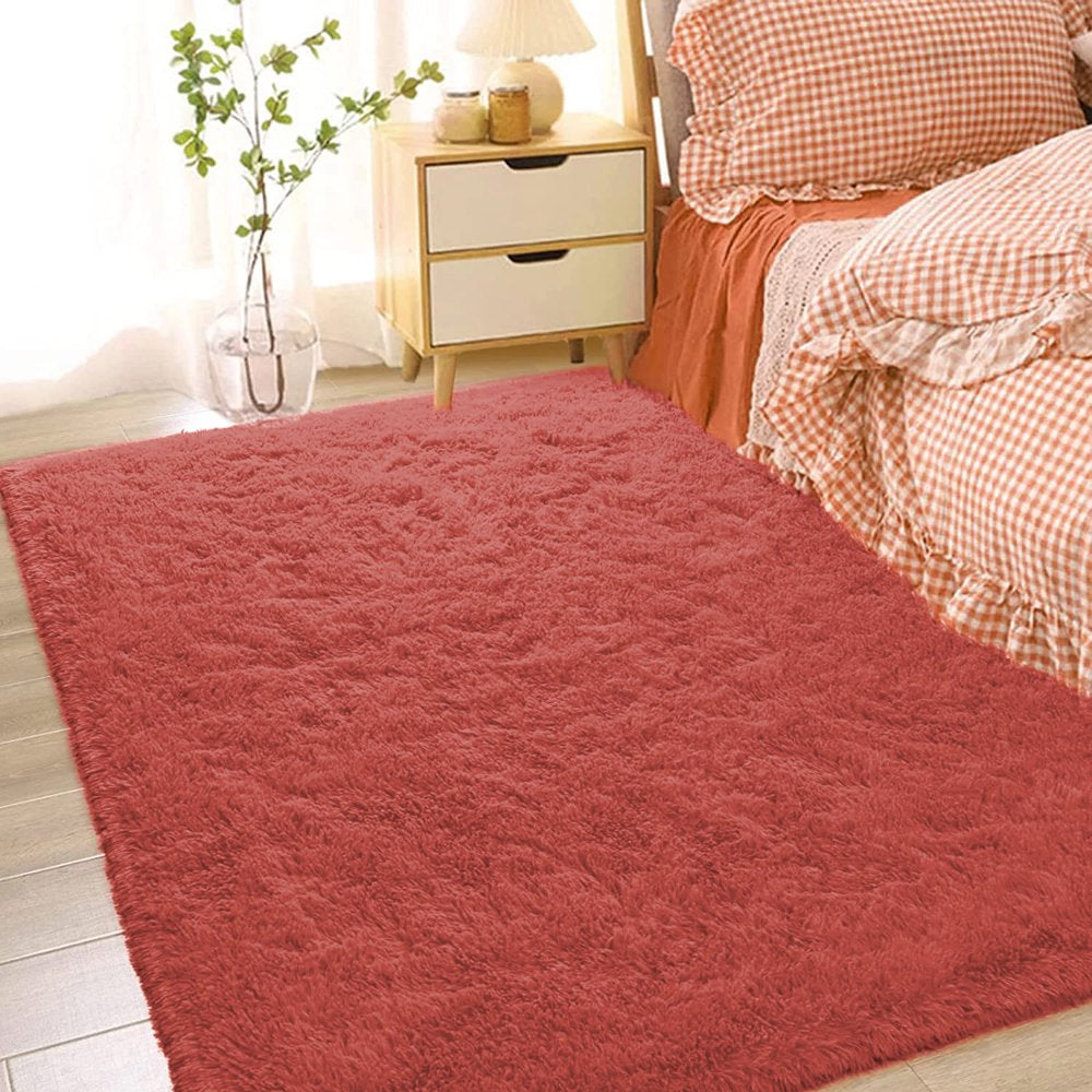 Lochas Fluffy Soft Shag Carpet Rug for Living Room Bedroom Big Area Rugs Floor Mat Nursery Carpets Home Decor,4'X6',Coral Red