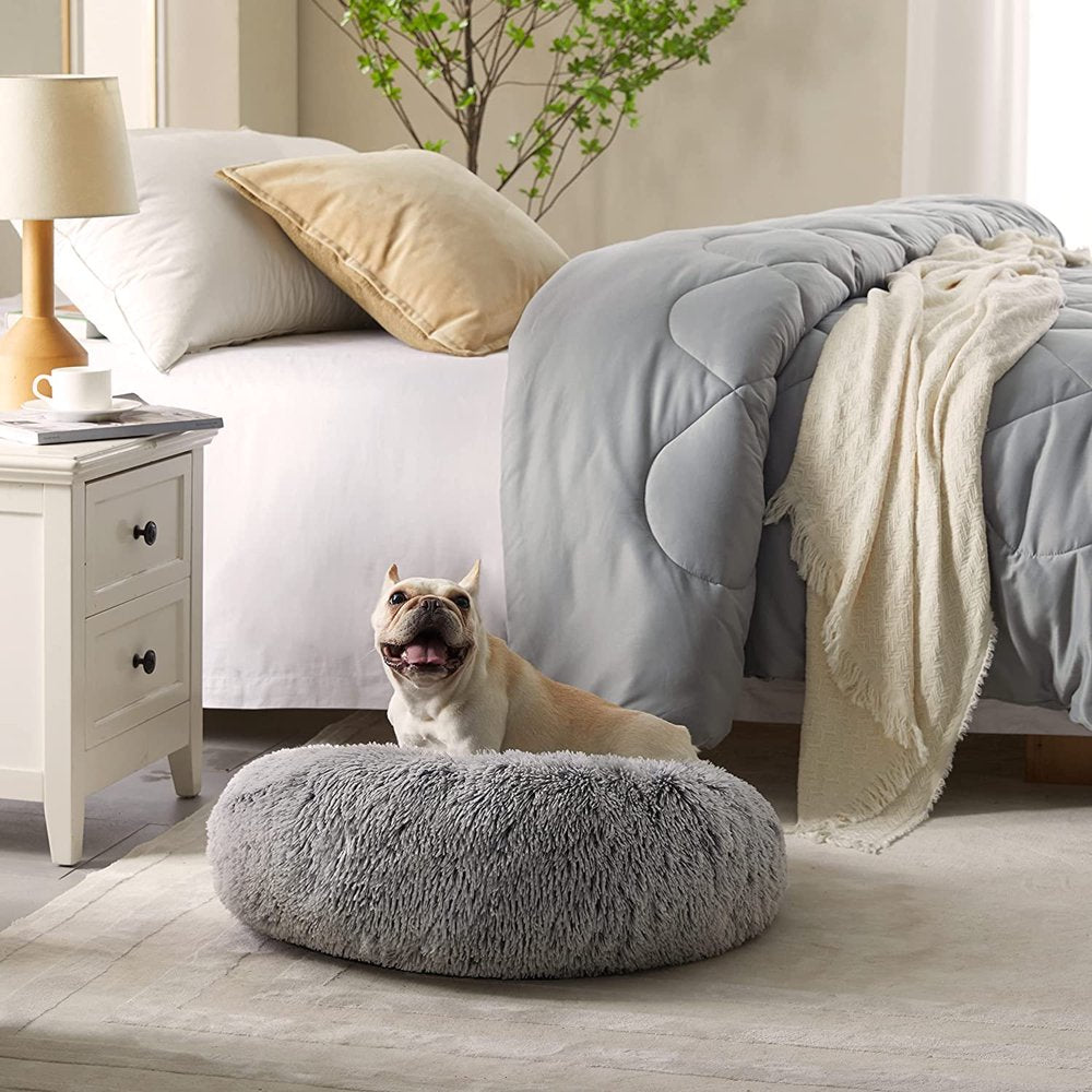 Nisrada Calming Donut Pet Bed for Dogs & Cats, 24 Inch Dog Bed for Small Melium Large Dogs, Washable-Round Pet Bed for Puppy and Kitten with Slip-Resistant Bottom (24 Inch, Light Gray)