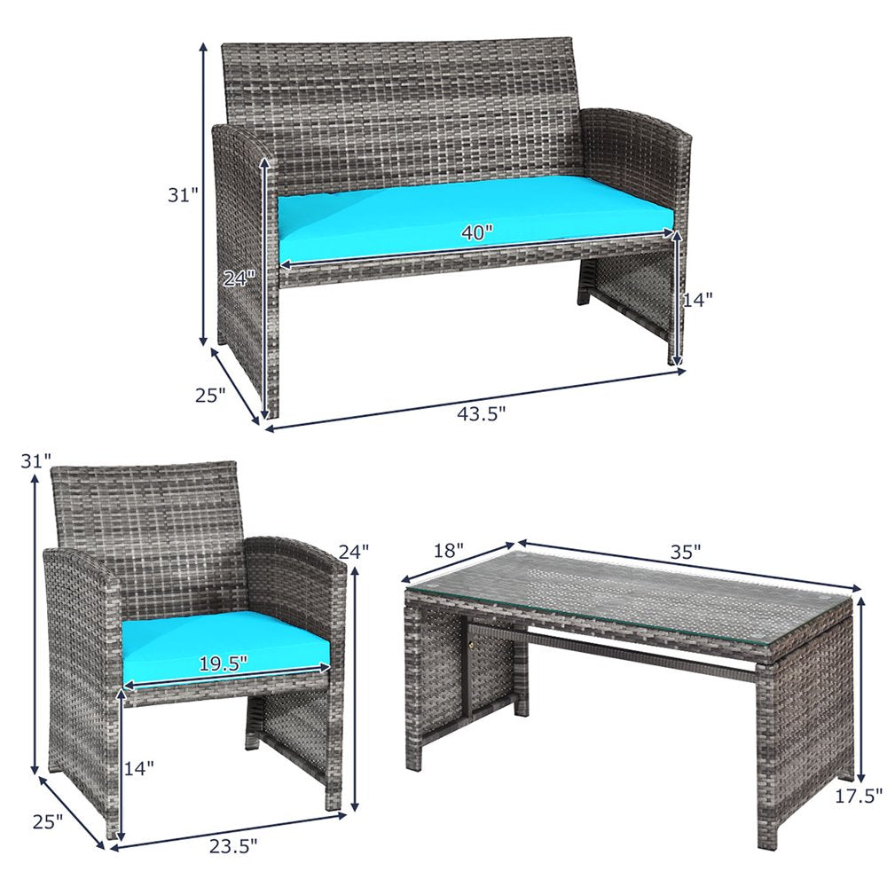 Costway 4PCS Patio Rattan Furniture Set Conversation Glass Table Top Cushioned Sofa Outdoor Turquoise