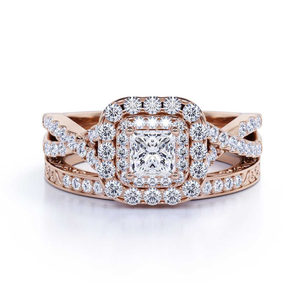 Square Diamond - Double Halo - Twisted Band - Vintage Inspired - Pave - Wedding Ring Set in 10K Rose Gold