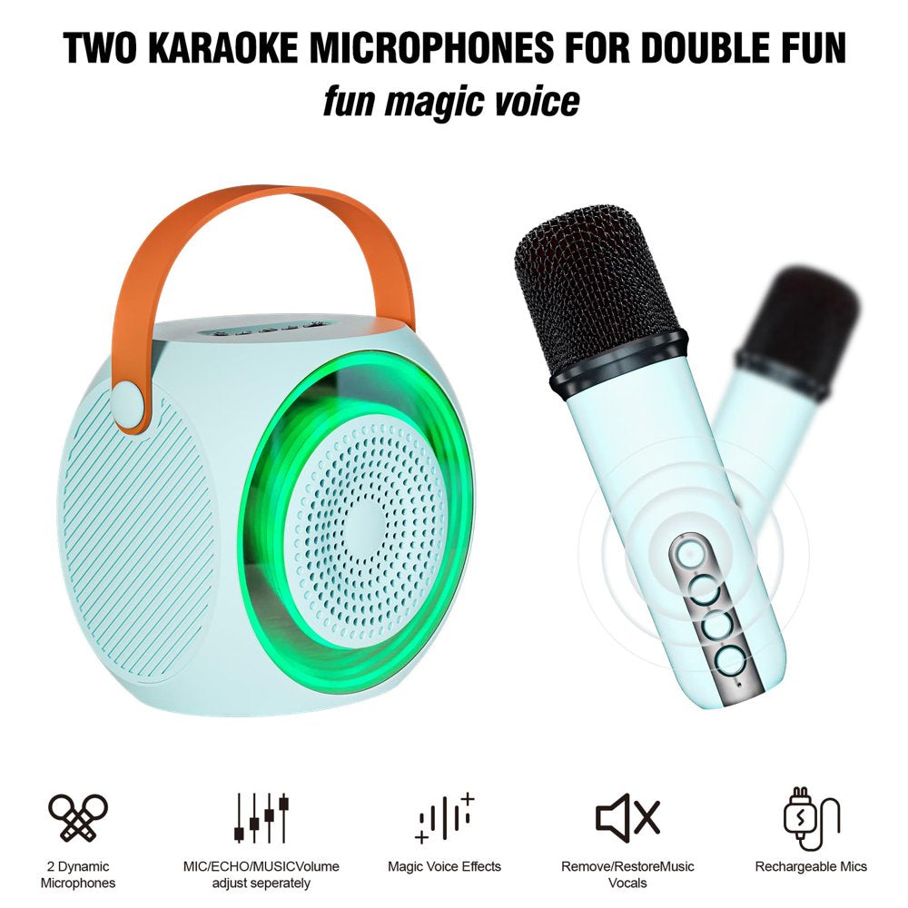 BONAOK Mini Karaoke Machine for Kids, Portable Bluetooth Karaoke Speaker with 2 Wilreless Microphones and Led Lights for Home Party, Birthday Gifts for Boys/Girls(Blue)