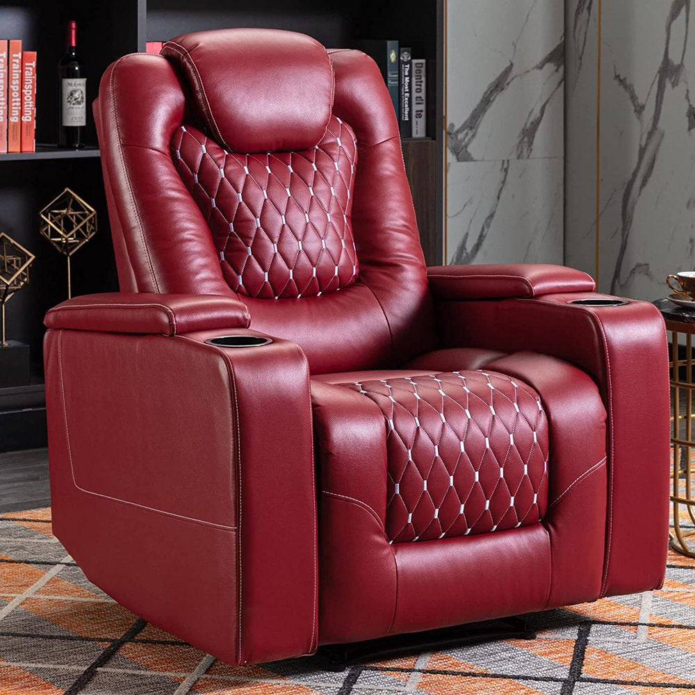 Bonzy Home Power Recliner Chair with USB Ports and Cup Holders - Overstuffed Electric Home Theater Seating PU Leather Reclining Furniture with Hidden Arm Storage (Red)