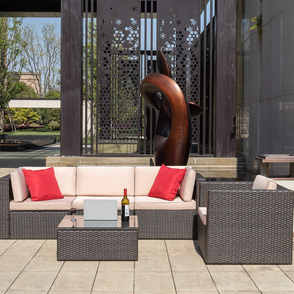 LACOO 5 Pieces Outdoor Indoor Furniture Sectional Sofa Modern Wicker Sets with Cushion All Weather Rattan Conversation Set with Glass Coffee Table and Armchair for Patio Backyard Poolside Garden