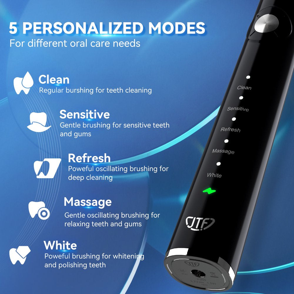 JTF Rechargeable Sonic Electric Toothbrush for Adult, Smart Toothbrush with Travel Case and 6 Brush Heads, Black