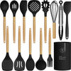 Oannao Silicone Cooking Utensils Kitchen Utensil Set - 446°F Heat Resistant,Turner Tongs,Spatula,Spoon,Brush,Whisk. Wooden Handles Black Kitchen Gadgets Tools Set for Non-Stick Cookware (BPA Free)