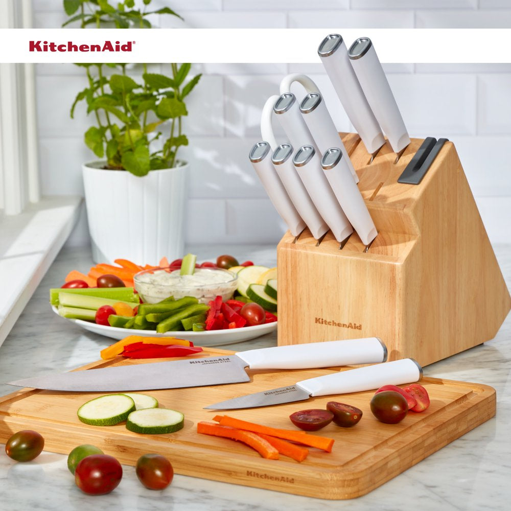 Kitchenaid Classic Japanese Steel 12-Piece Knife Block Set with Built-In Knife Sharpener, White