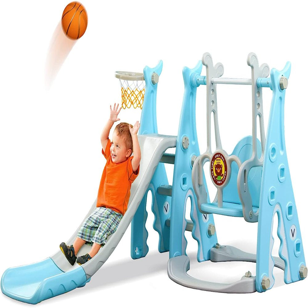 Ealing Toddlers Slide and Swing Set 4 in 1 Kids Freestanding Climber Slide Playset for Boys Girls with Basketball Hoop Extra Long Slide Easy Set up Baby Playset Indoor and Outdoor