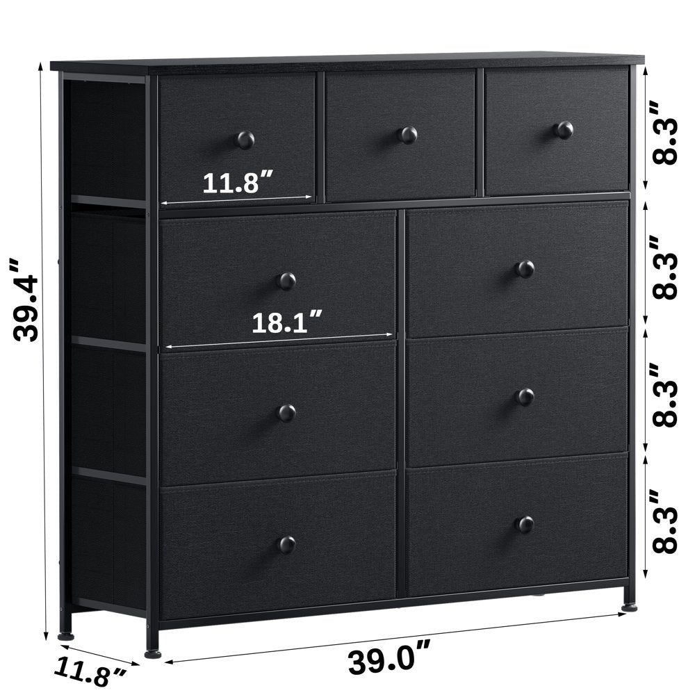 REAHOME Dressers for Bedroom of 9 Drawer Chest of Drawers Closets Black Dresser Large Capacity Organizer Tower Steel Frame Wooden Top YLZ9B6