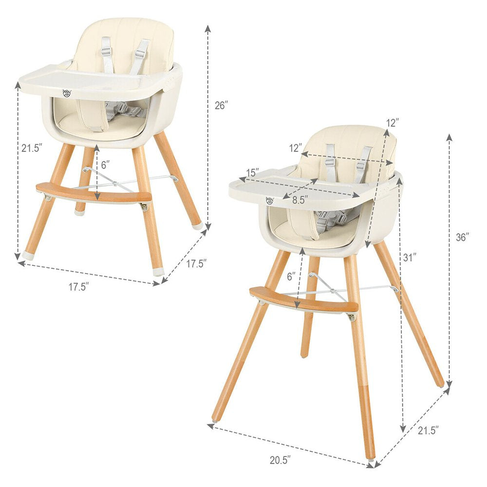 Babyjoy 3 in 1 Convertible Wooden High Chair Baby Toddler Highchair W/ Cushion Beige