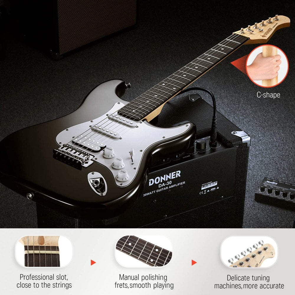 Donner DST-100B 39" Electric Guitar Beginner Kit Solid Body Full Size HSS for Starter, with Amplifier, Bag, Digital Tuner, Capo, Strap, String, Cable, Picks, Black