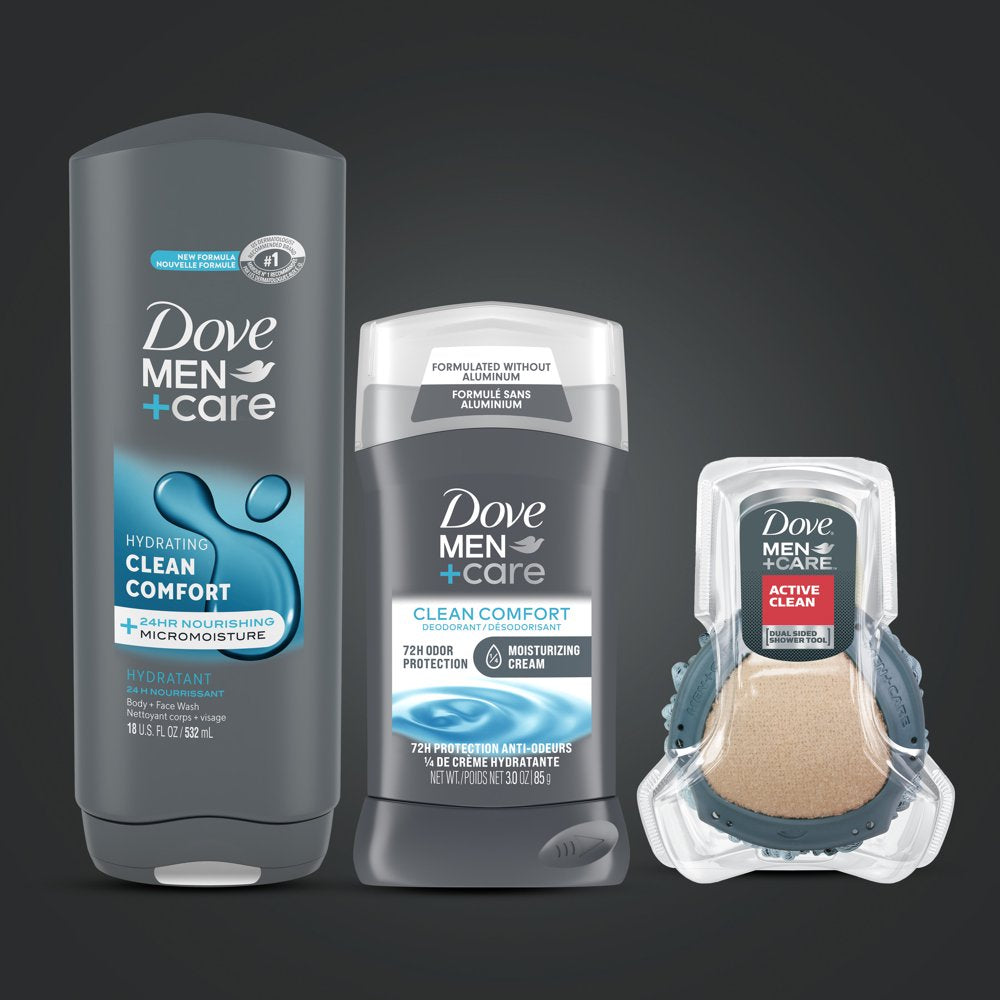 Dove Men+Care Clean Comfort Gift Set for Men, Fresh Face and Body Wash, Deodorant Stick & Shower Tool, 3 Count