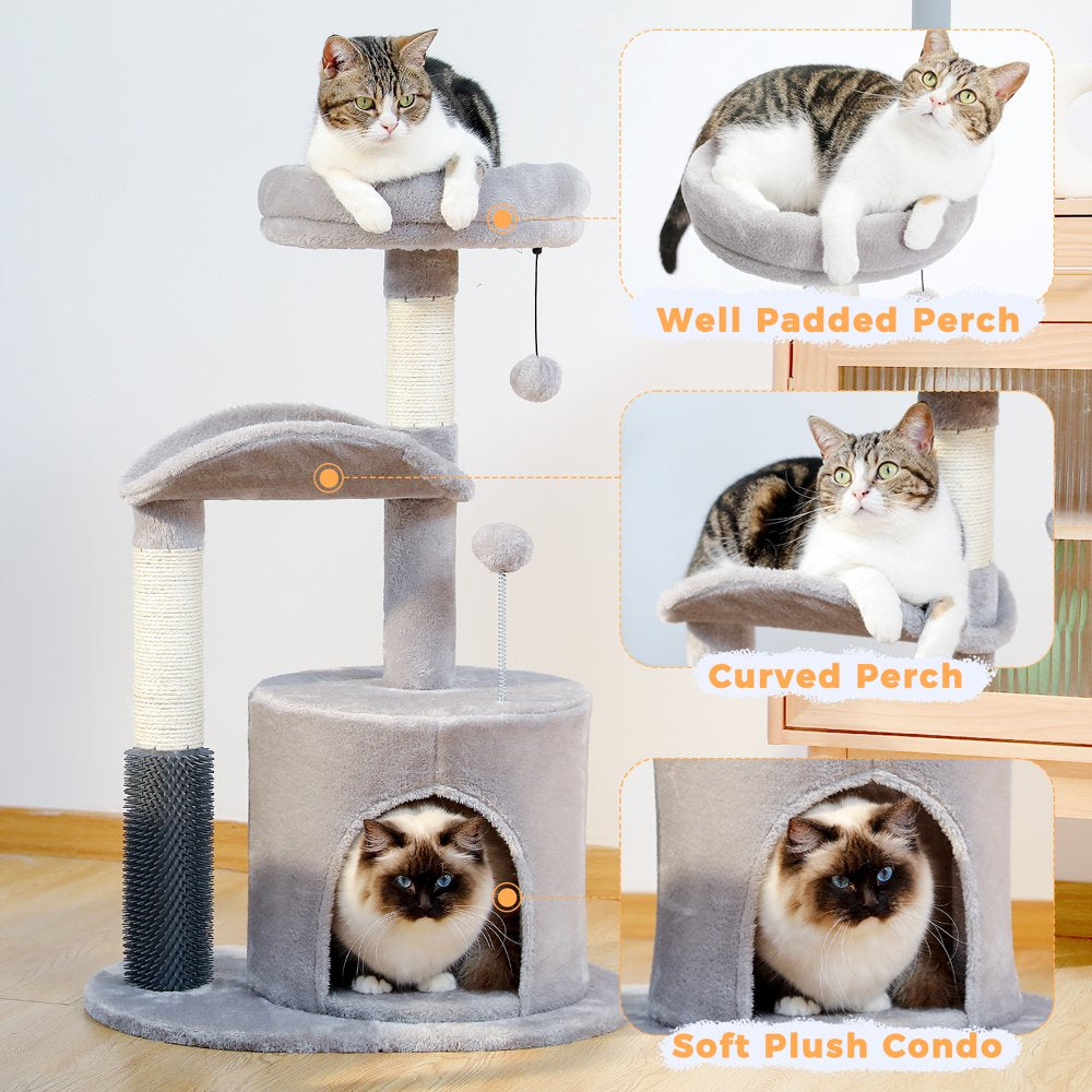 PAWZ Road 32.7" Cat Tree Small Cat Tower Kitten Scratching Posts Condo with Sefl-Grooming Toy, Gray