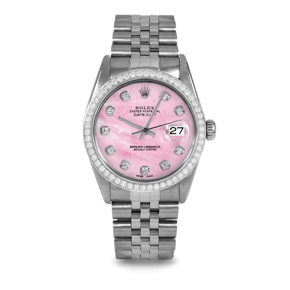 Pre-Owned Rolex 16014 Men'S 36Mm Datejust Wristwatch Pink Mother of Pearl Diamond (3 Year Warranty)