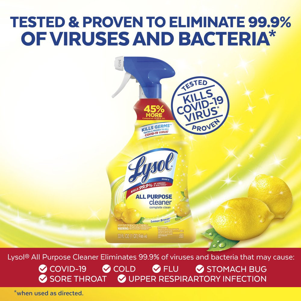 Lysol All-Purpose Cleaner, Sanitizing and Disinfecting Spray, to Clean and Deodorize, Lemon Breeze Scent, 32Oz