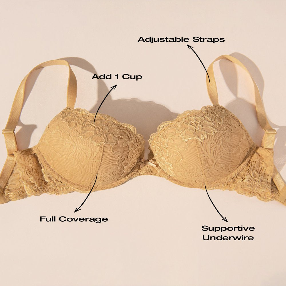 Deyllo Women'S Sexy Lace Push up Padded Plunge Add Cups Underwire Lift up Bra, Gold 36DD