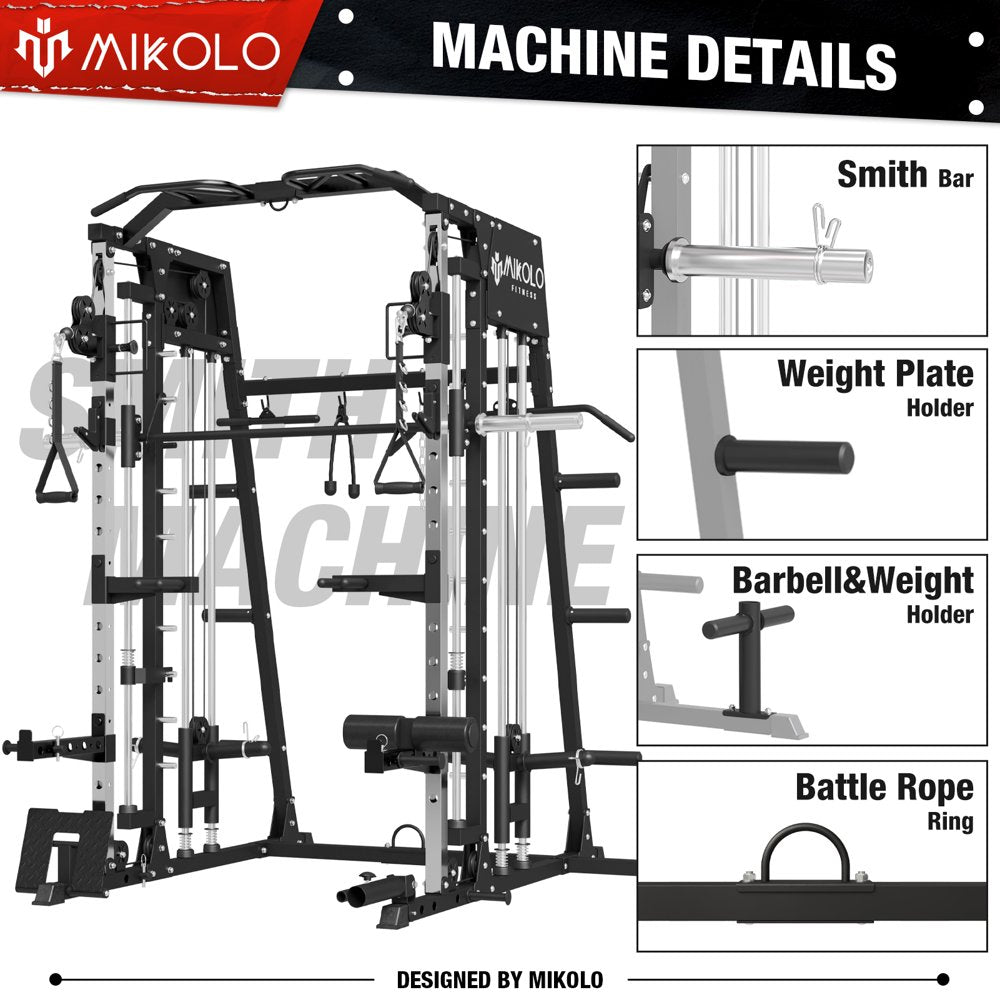 Mikolo Smith Machine Home Gym, 2200 Lbs Power Rack Cage with 800 Lbs Weight Bench and Cable Crossover System, Weight Bar, 360° Landmine, Home Gym