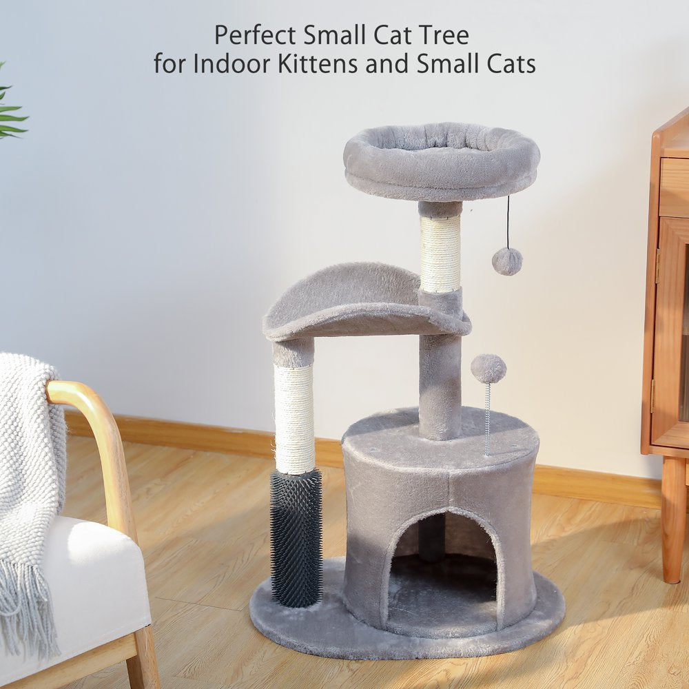 PAWZ Road 32.7" Cat Tree Small Cat Tower Kitten Scratching Posts Condo with Sefl-Grooming Toy, Gray