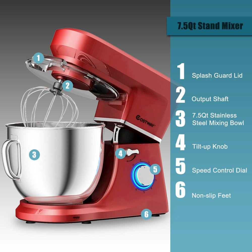 Costway Tilt-Head Stand Mixer 7.5 Qt 6 Speed 660W with Dough Hook, Whisk & Beater Red