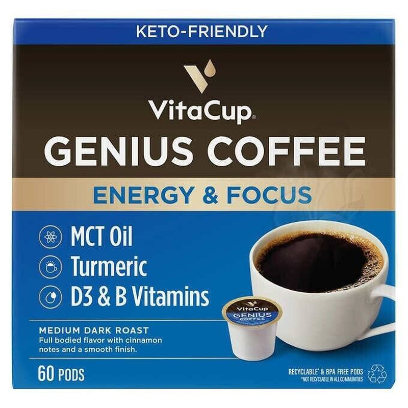 Vitacup Genius Coffee Pods, Infused W MCT Oil, Turmeric, Vitamins, 60-Count