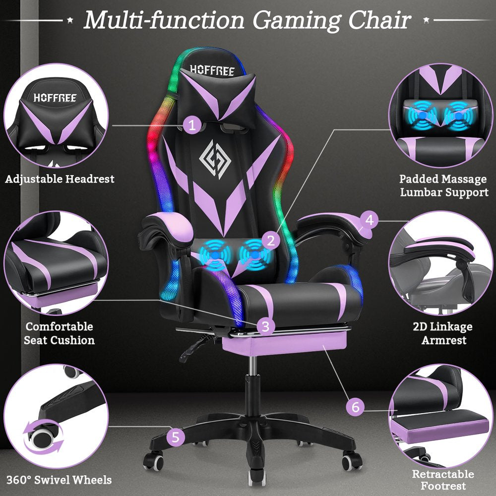 Hoffree Gaming Chair with Bluetooth Speakers Office Chair with Footrest and LED Lights Ergonomic Gaming Chairs High Back with Lumbar Support and Headrest Adjustable Swivel for Home Office,300Lb