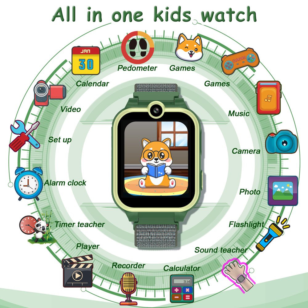 PTHTECHUS 1.54" Smart Watch for Boys Girls Smartwatch for Kids with Dual Camera Games Video MP3 Children Touch Screen Green