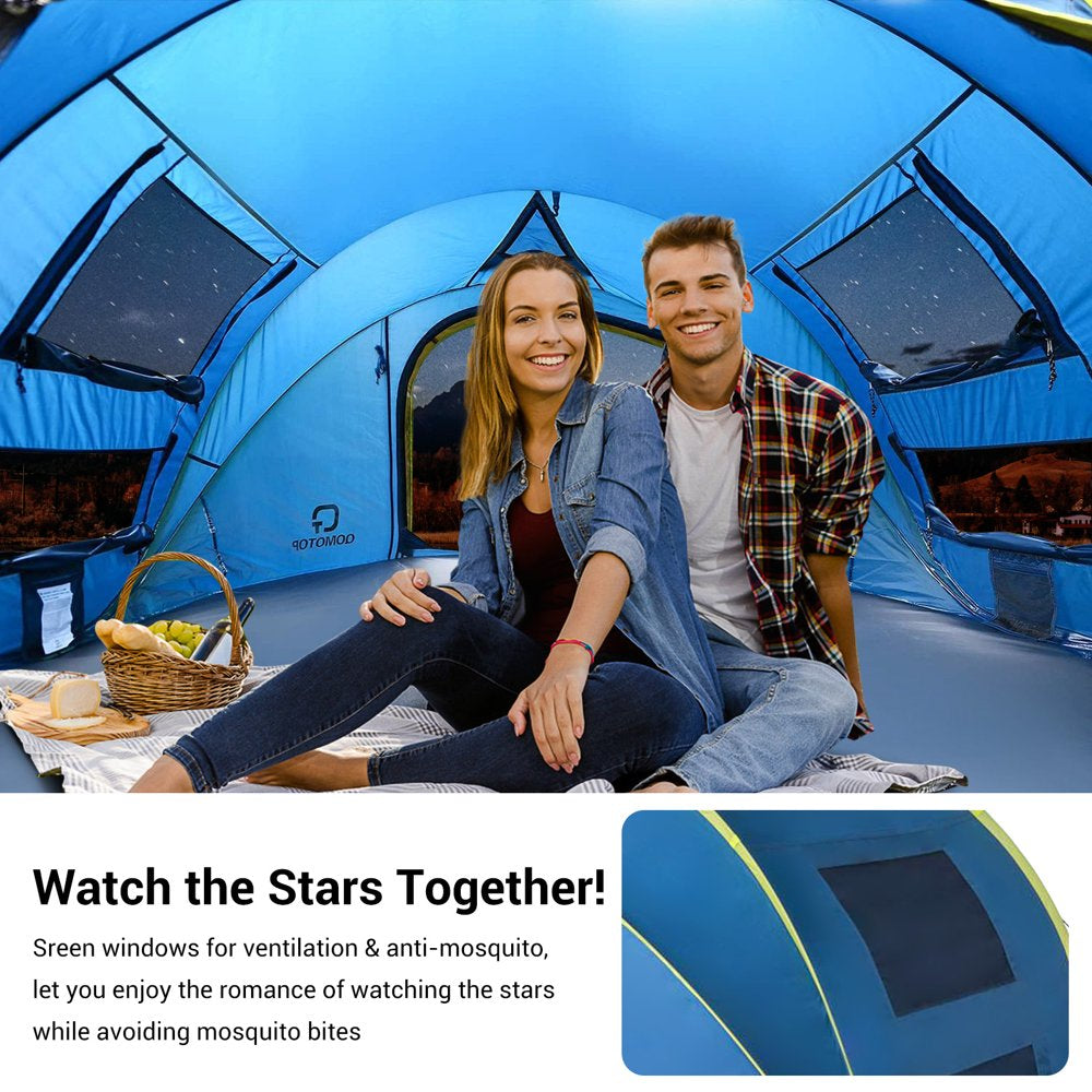 QOMOTOP Instant Tent 4-Person Camp Tent, Automatic Setup Pop up Tent, Waterproof, Huge Side Screen Windows, Blue