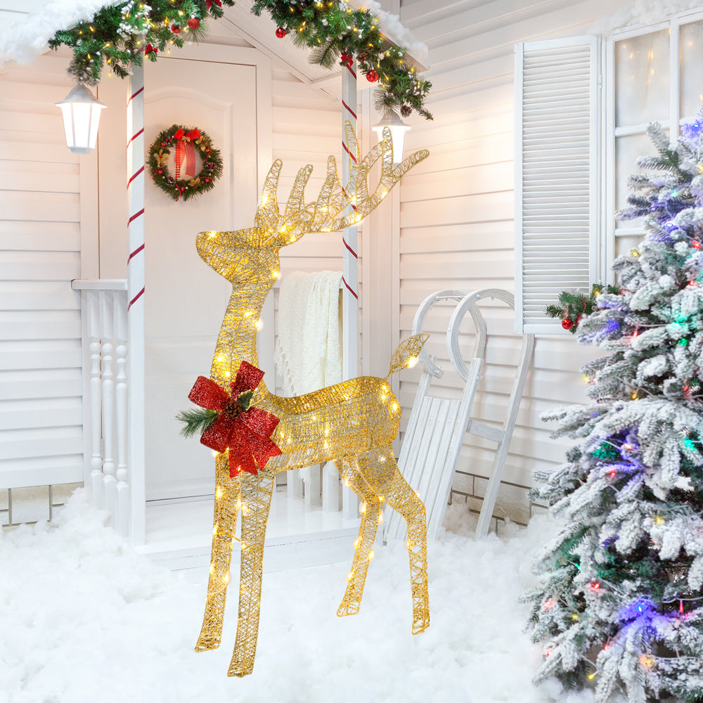 Ktaxon 4Ft Lighted Christmas Glittering Reindeer with Red Bow, Outdoor Holiday Mesh Standing Buck Deer Decorations- Gold