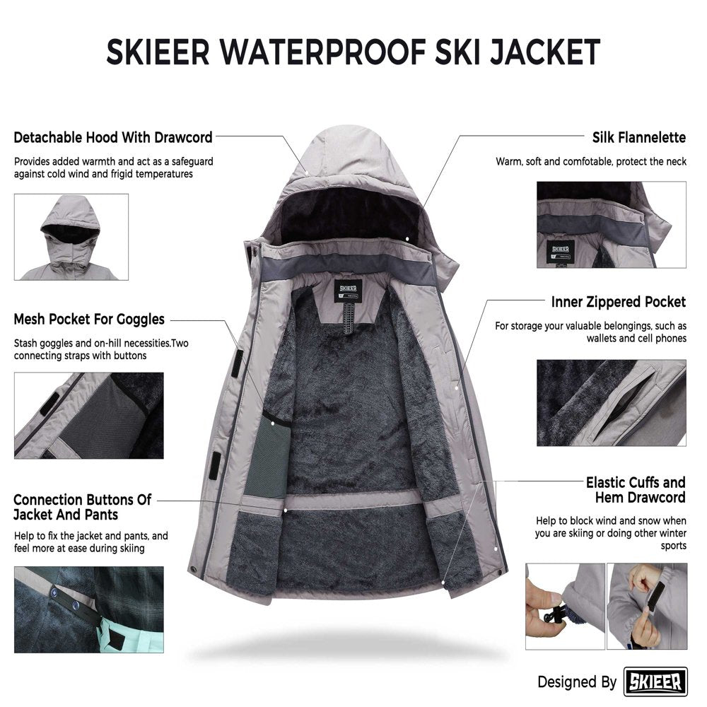 Skieer Women'S Waterproof Ski Jacket Windproof Rain Jacket Winter Warm Hooded Coat Grey Small