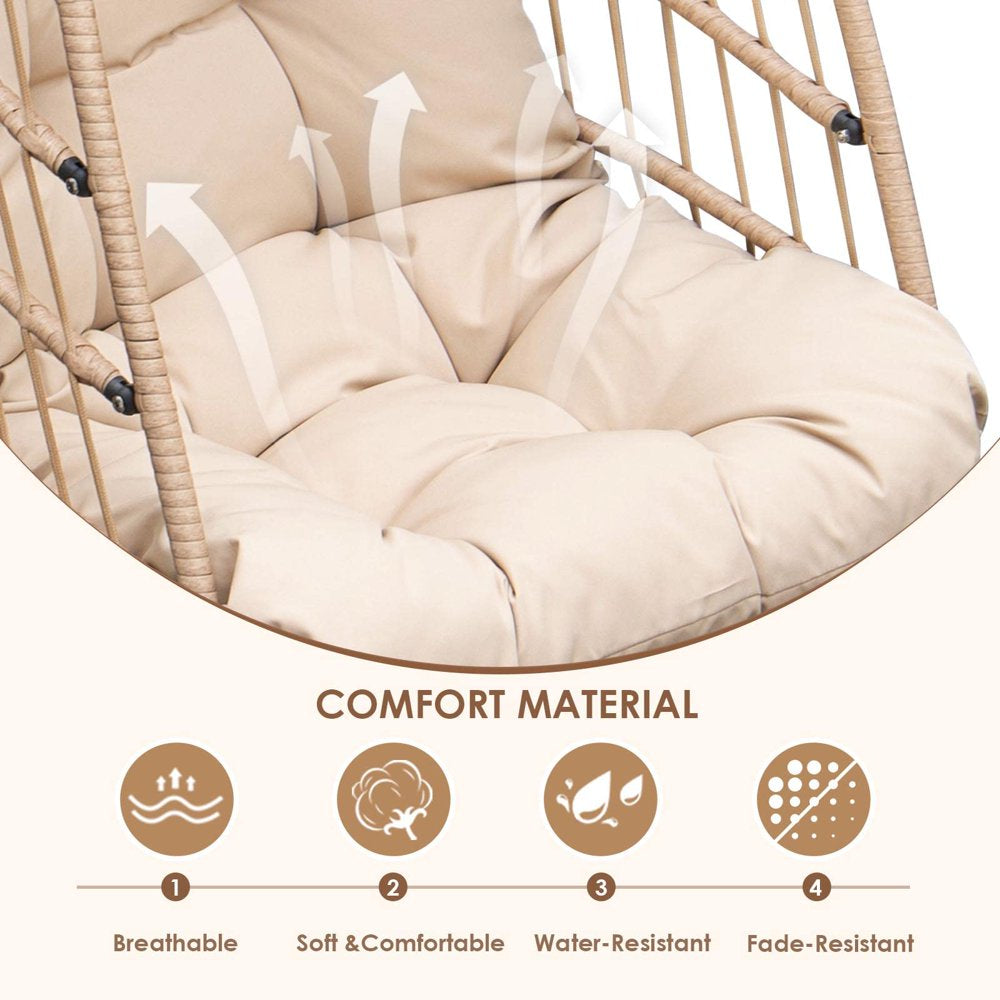 Nicesoul Rattan Swing Egg Chair Hanging Chair with Stand Beige 350 Lbs Capacity Metal Frame