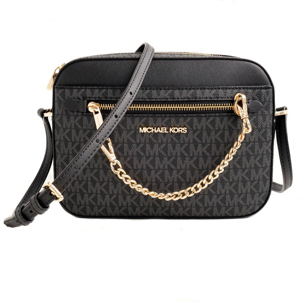 Michael Kors Womens Jet Set Large Leather Crossbody Bag Black/Gold 35S1GTTC9B-001