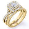 Square Diamond - Double Halo - Twisted Band - Vintage Inspired - Pave - Wedding Ring Set in 10K Yellow Gold