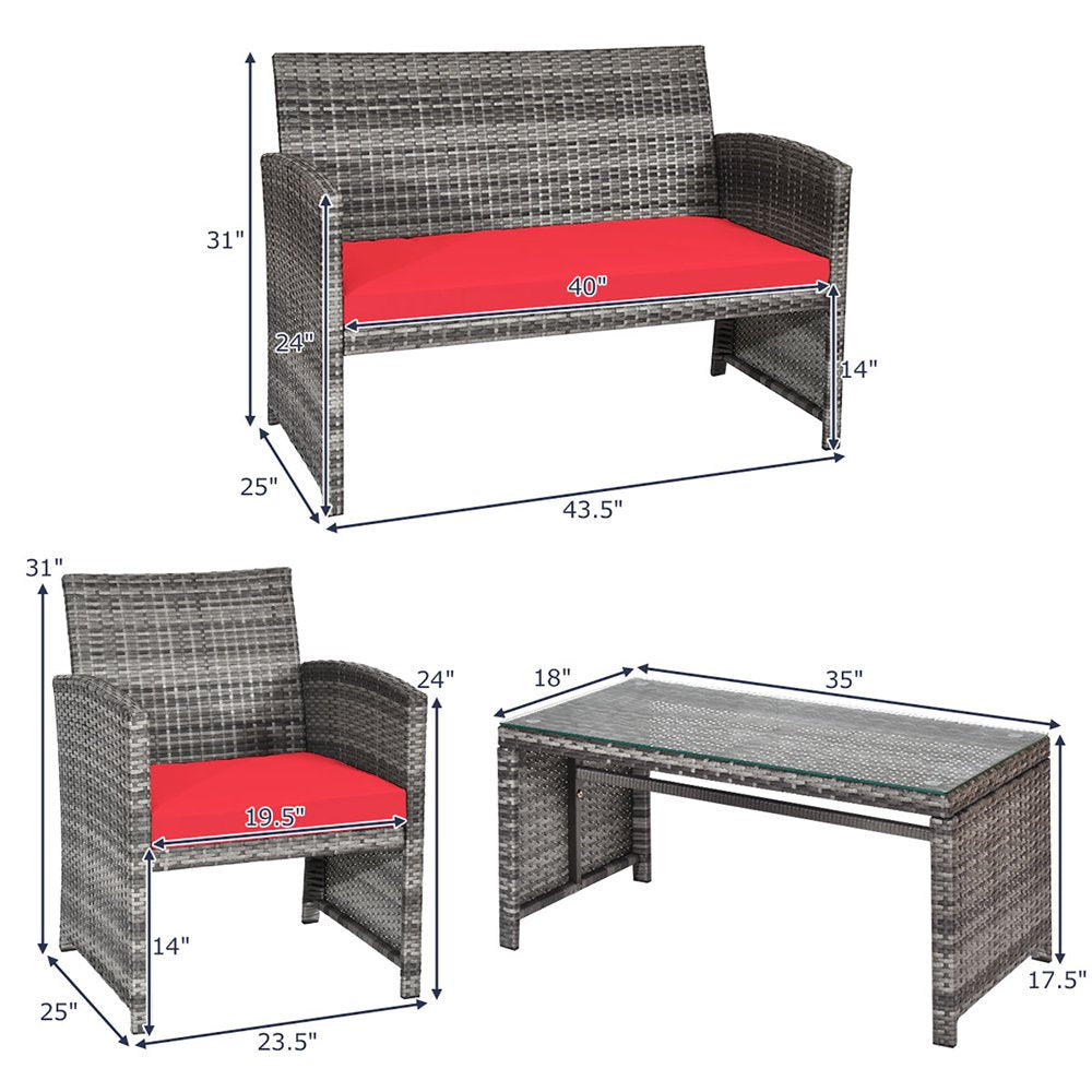 Costway 4PCS Patio Rattan Conversation Glass Table Top Cushioned Sofa Red