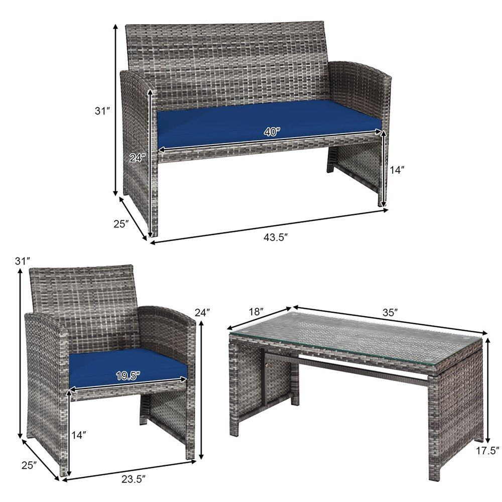 Costway 4PCS Patio Rattan Furniture Set Conversation Glass Table Top Sofa Cushioned Navy