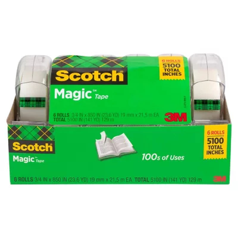 Scotch Magic Tape with Refillable Dispenser, ¾" X 850", 6 Pack