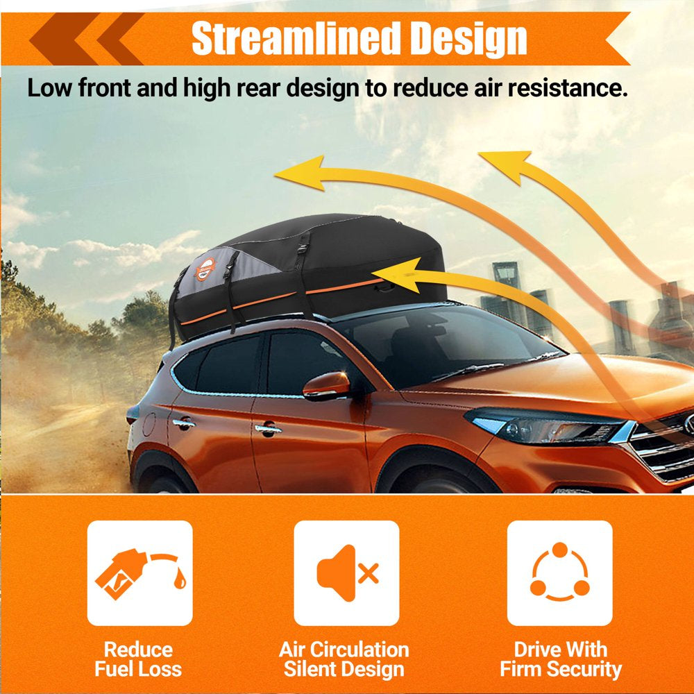 Adnoom Car Roof Bag 100% Waterproof Rooftop Cargo Carrier, 16 Cu Ft Car Luggage Storage Bag, Soft Sided Car Top Carrier Bag Black, Orange