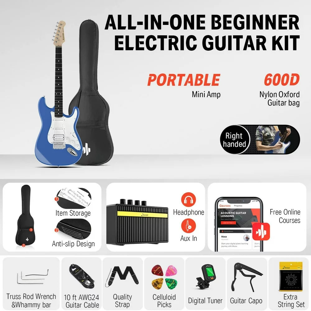 Donner DST-100R Solid Body 39 Inch Full Size Electric Guitar Kit , Beginner Starter, with Amplifier, Bag, Capo, Strap, String, Tuner, Cable, Picks