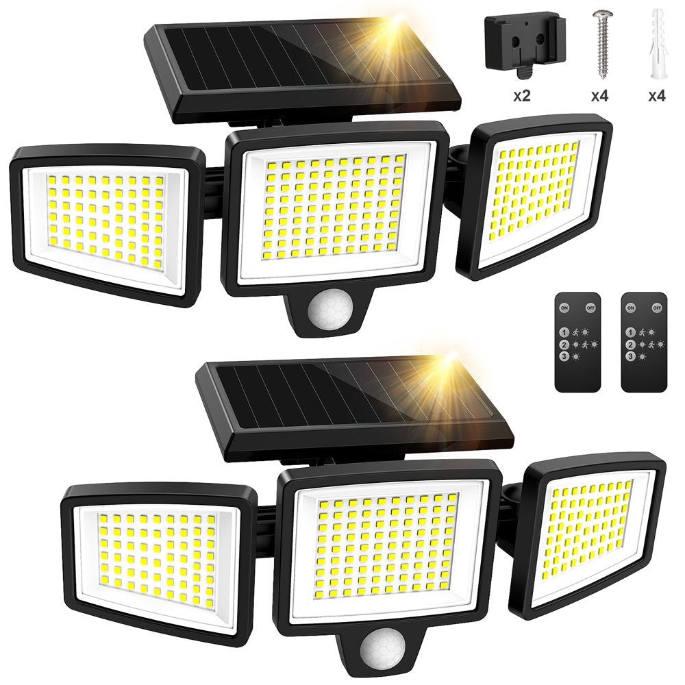 SZRSTH Solar Lights Outdoor - Waterproof Motion Sensor Security Lights with Wireless Remote Control - 2500LM 3Heads 210LED Flood Lights for Patio Garage Yard Entryways