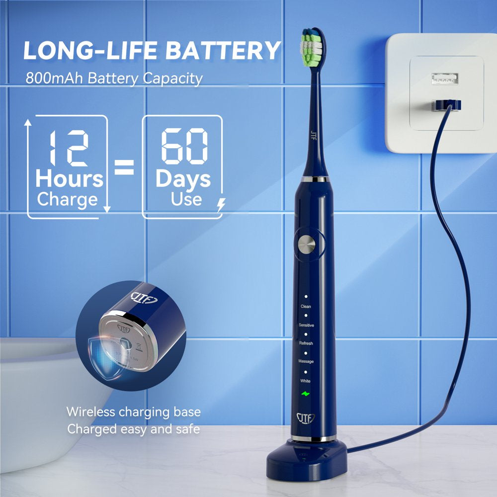 JTF Sonic Electric Toothbrush for Adults - Rechargeable Toothbrush with Travel Case and 6 Brush Heads, 5 Modes Smart Timer, Navy Blue