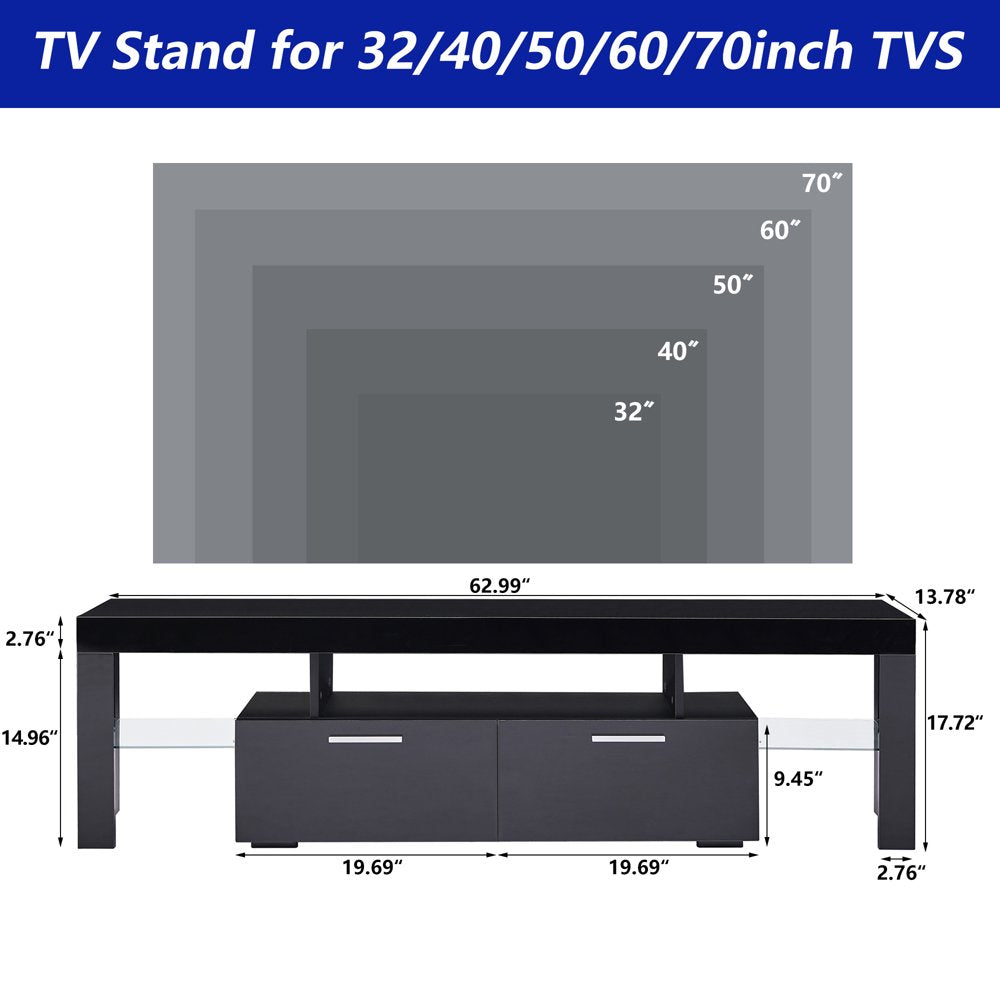 Uhomepro TV Stand for Tvs up to 70", Living Room Entertainment Center with RGB LED Lights and Storage Shelves Furniture, Black High Gloss TV Cabinet Console Table