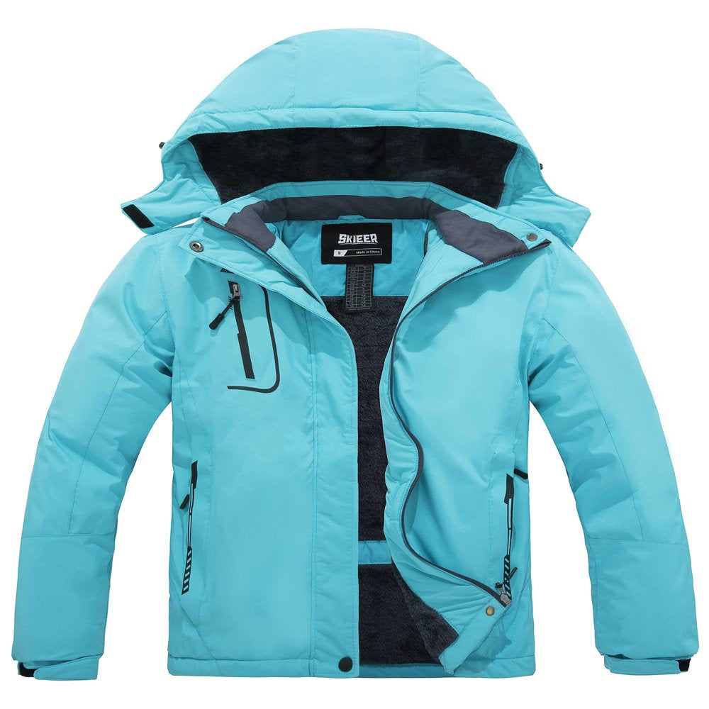 Skieer Women'S Waterproof Ski Jacket Windproof Rain Jacket Winter Warm Hooded Coat Light Blue Small