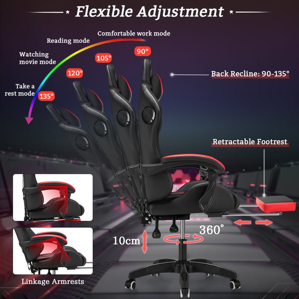 Hoffree Gaming Chair with Bluetooth Speakers Office Chair with Footrest and LED Lights Ergonomic Gaming Chairs High Back with Lumbar Support and Headrest Adjustable Swivel for Home Office 300Lb