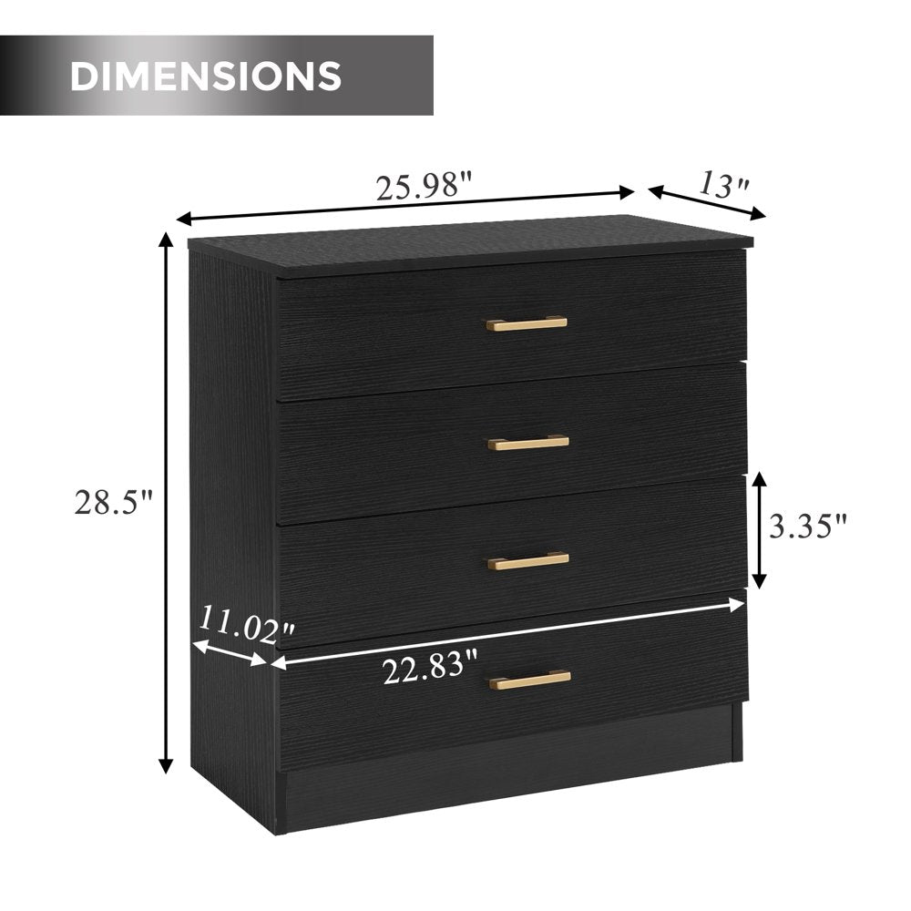 Dressers for Bedroom, Heavy Duty 4-Drawer Wood Chest of Drawers, Modern Storage Bedroom Chest for Kids Room, Black Vertical Storage Cabinet for Bathroom, Closet, Entryway, Hallway, Nursery, L2027