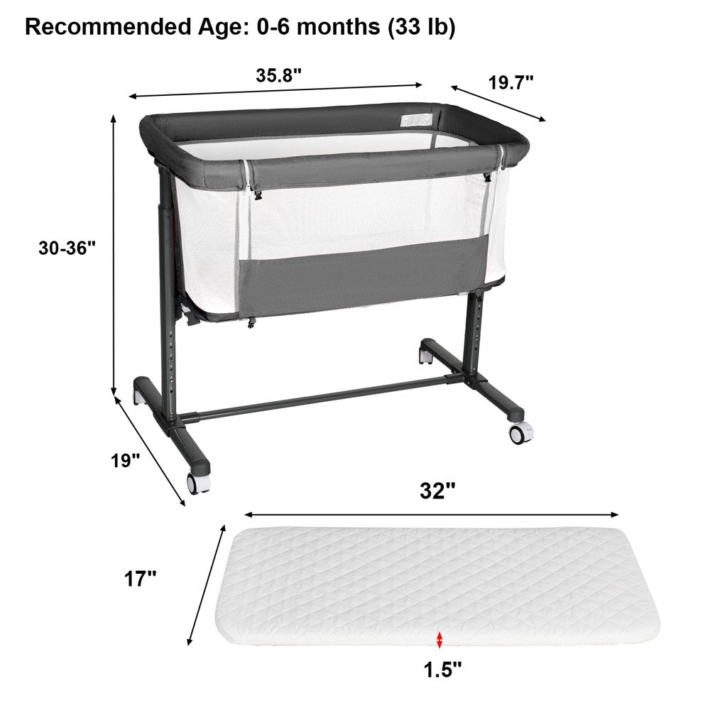 Kinder King Baby Bassinet with Wheels Folding Portable Newborn Bedside Sleeper All-Sided Mesh Infant Crib, Grey