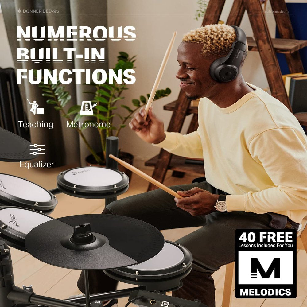 Donner Electric Drum Set for Beginner Adults, 5 Drums 3 Cymbals, 180 Sounds, Quiet Mesh Pad Kit with Drums Throne, Sticks, Headphone,40 Melodics Lessons (DED-95, New Upgraded)